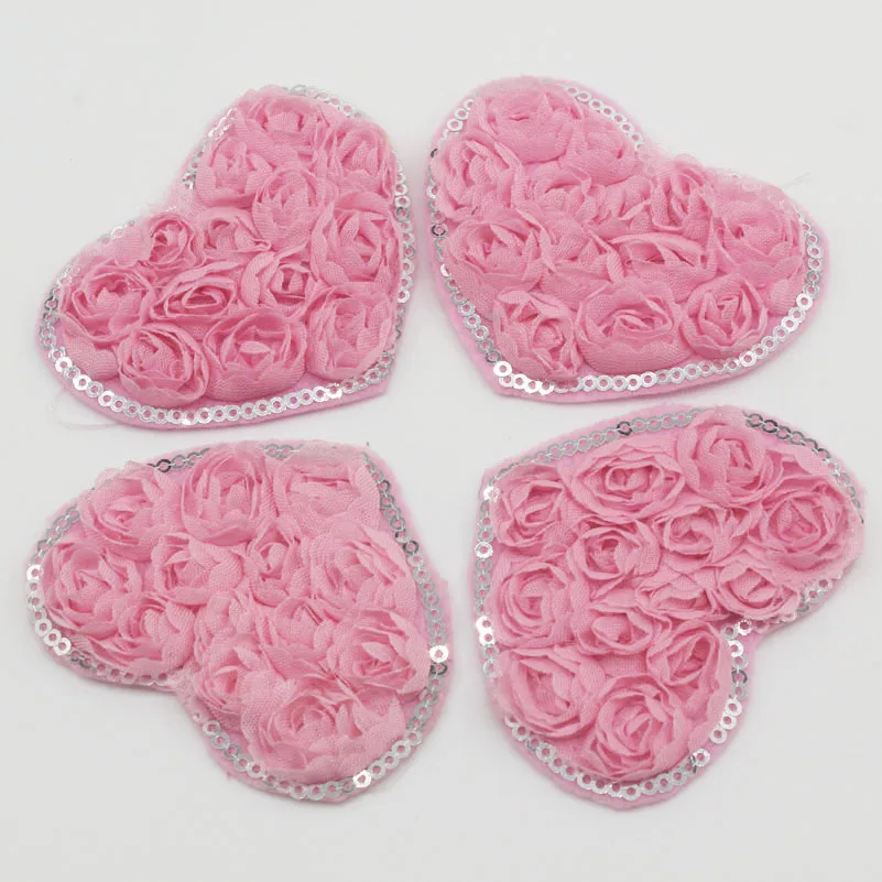 10 шт. 3 дюйма шифоновая аппликация в виде РОЗОВОГО СЕРДЦА с блестками на День