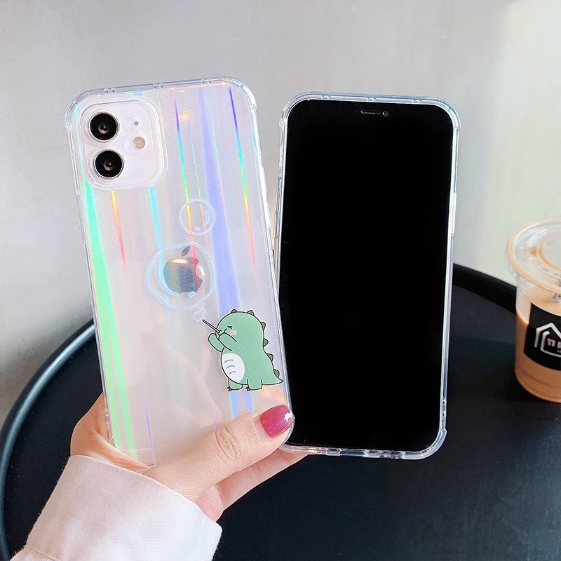 

Laser Cute Cartoon Dinosaur Couple Phone Case For iPhone 11 Pro Max 12 Mini X XS XR 7 8 Plus Transparent Soft Shockproof Cover
