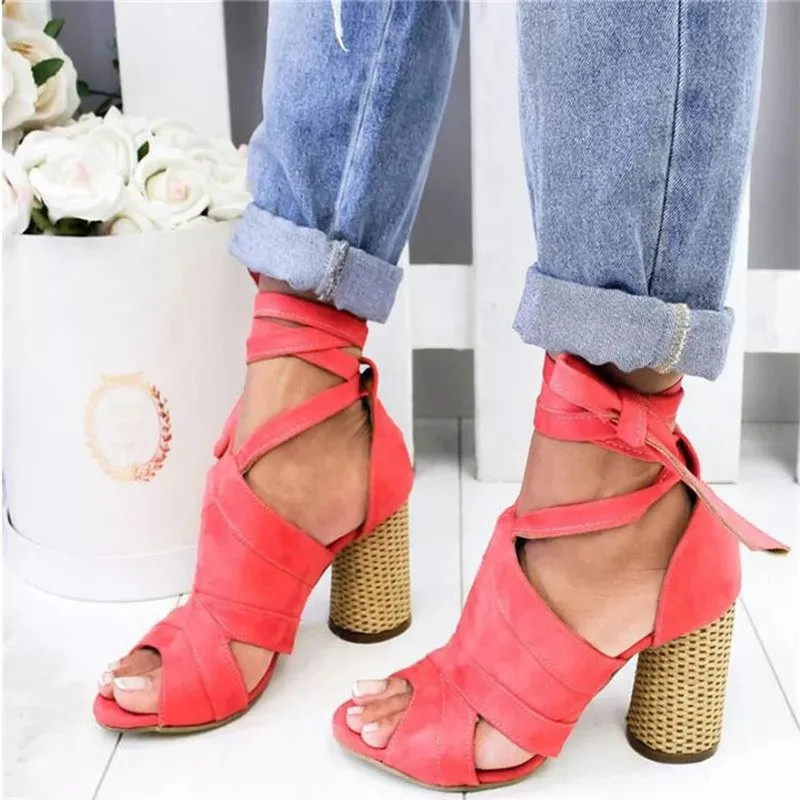 Сандалии женские из флока босоножки на платформе и толстом высоком каблуке с