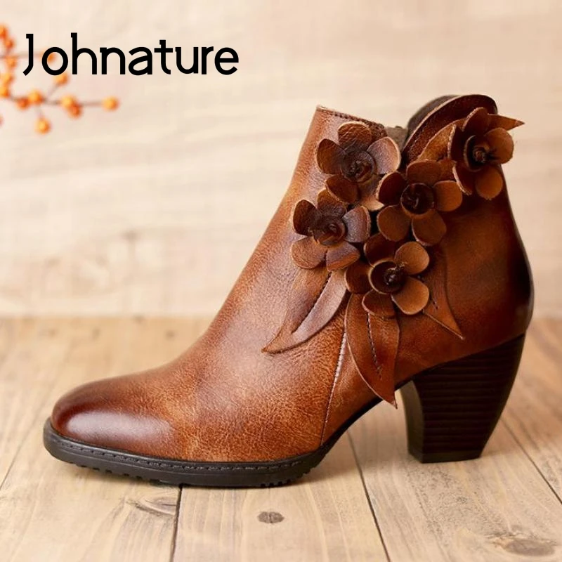 

Johnature Short Plush Women Shoes Platform Boots 2022 New Winter Genuine Leather Zip Round Toe Sewing Handmade Ankle Lady Boots