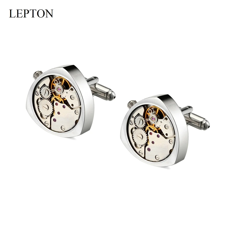 Lepton Watch Movement Cufflinks of immovable Silver Color Steampunk Gear Watch Mechanism Cuff links for Mens Wedding Gift