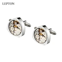 lepton watch movement cufflinks of immovable silver color steampunk gear watch mechanism cuff links for mens wedding gift