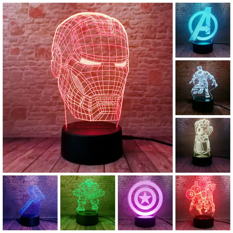 Marvel Железный человек фигурка 3D Иллюзия светодиодный ночной Светильник Красочные светильник Мстители завершающей фигура Халка маска Железного человека модель игрушки