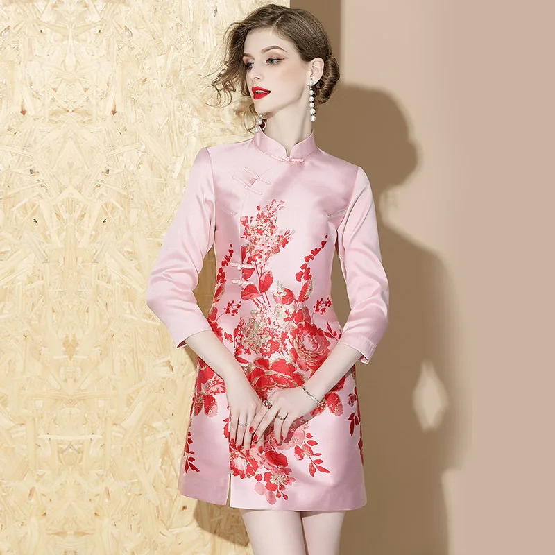 

New Chinese style modern qipao pink red lady party dress
