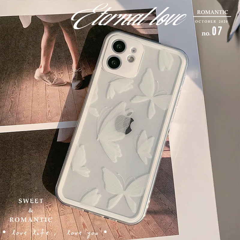 White butterfly cute cartoon soft silicone clear phone case for iphone x xr xsmax 11 12 mini 13 14 pro max 8 7 plus cover shell