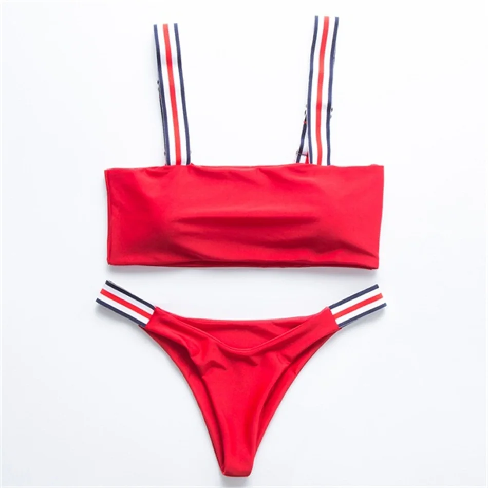 Женский купальник бандо однотонный бикини нейлоновый ремешок сексуальный