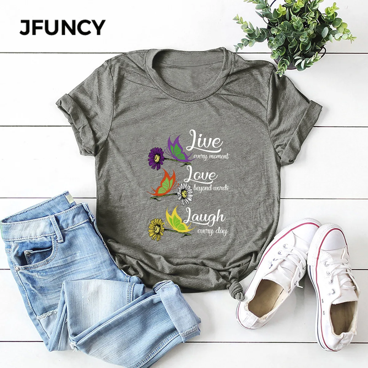 JFUNCY Sunflower, Daisy, Butterfly Graphic Tees Women Tops 100% Cotton Summer T-shirt  Short Sleeve Woman Shirts