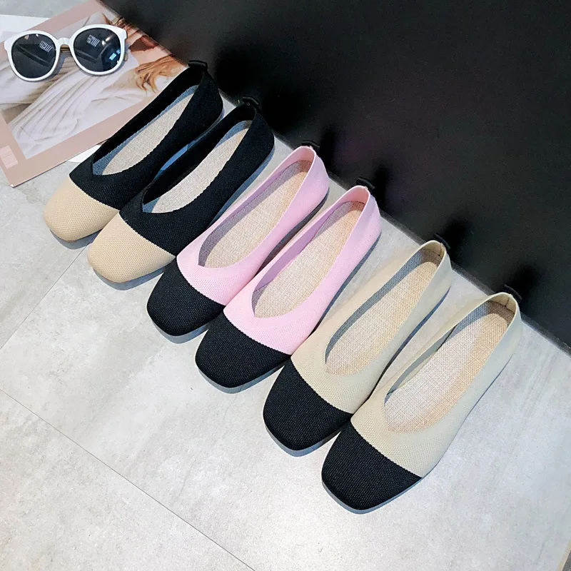 2020 Женская квадратная голова Flache Schuhe Atmungs Stricken Spitze Mischfarbe frauen Weiche Frauen Zapato de|Обувь