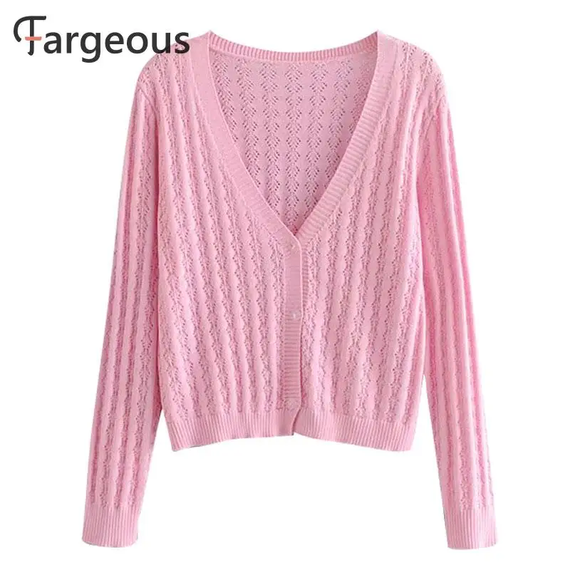 Повседневный вязаный ажурный розовый кардиган для женщин модный белый свитер на