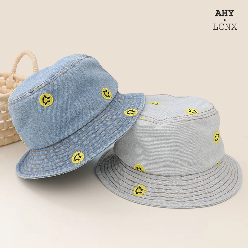 

Smiley Embroidery Baby Cowboy Bucket Hat Spring Summer Beach Sun Hat For Boy Girl Denim Fisherman Cap Accessories Panama Caps