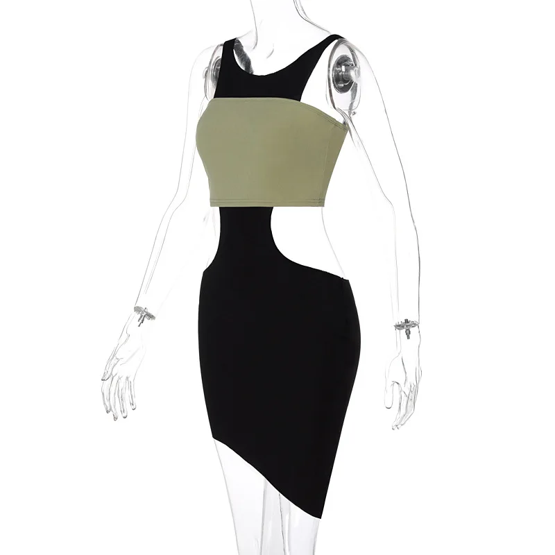 

Eversea Fake Two Piece Hip Skirt Women Hollow Out Irregular Summer Sexy Dress