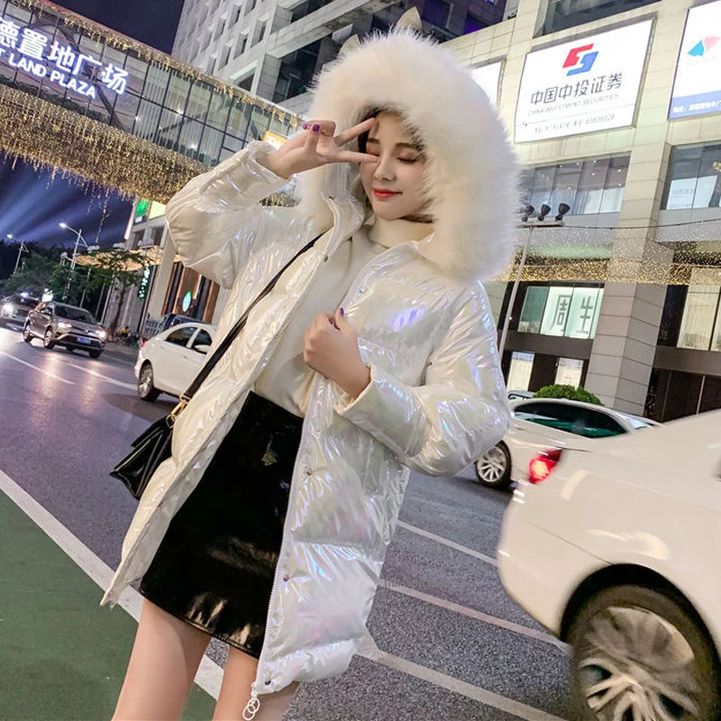 Winter Women Coats Fur Collar Windproof Bright Diamond Long Thick Warm Zipper Parkas 2021 Jacket Hooded Streetwear MY295 | Женская