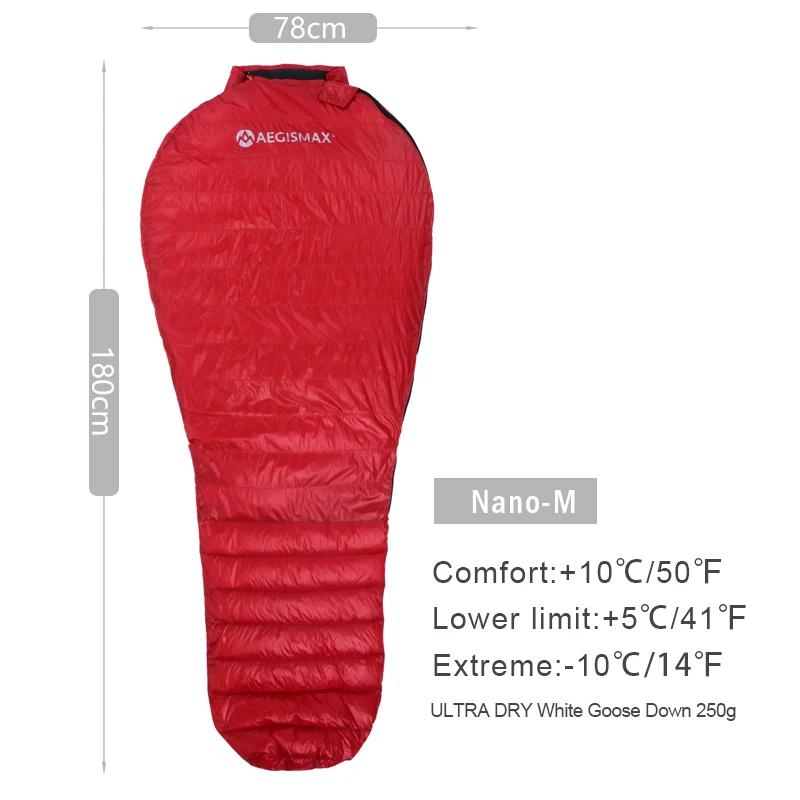 NANO RED AEGISMAX NANO Открытый Кемпинг Сверхлегкий Палатка Мумия белый гусиный пух три сезона спальный мешок нейлоновый мешок портативный Сращивание - Цвет: NANO RED