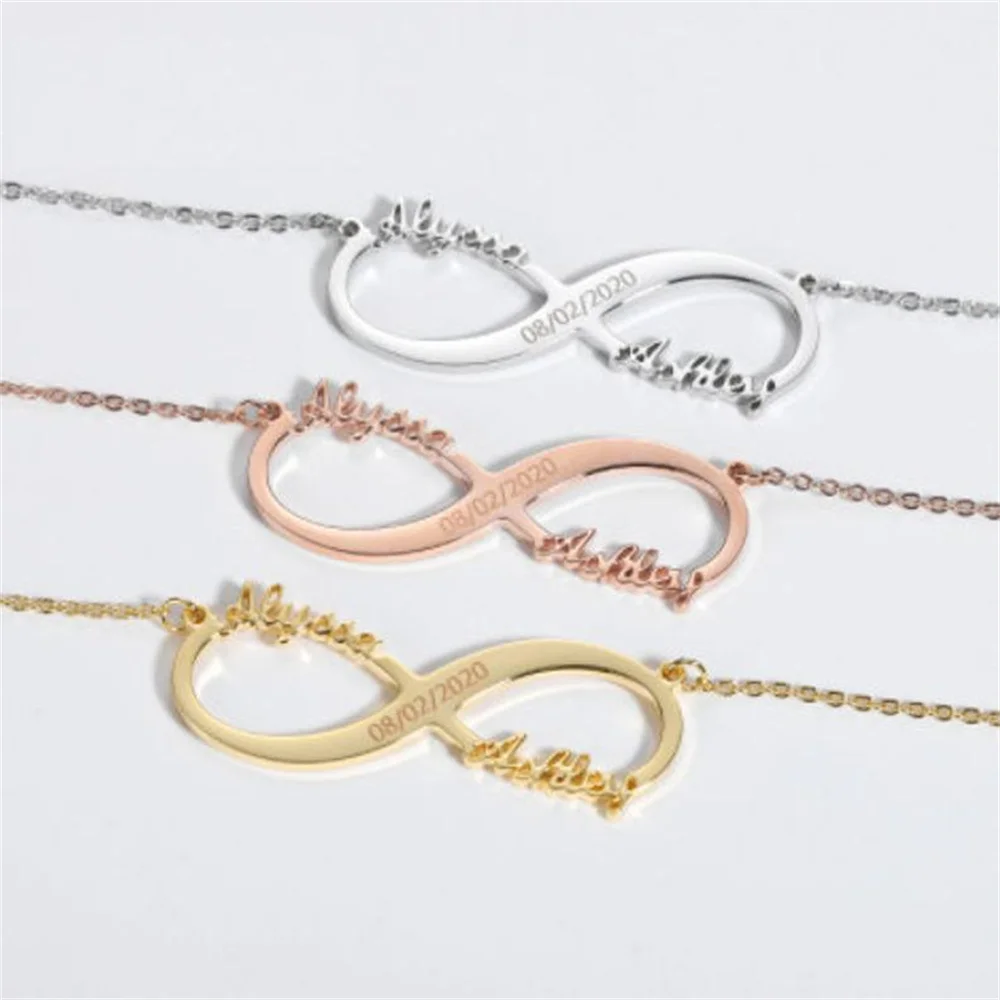 Tangula Love Infinity Symbol Women Stainless Steel Necklace Customized Family Member Name Wedding Love Anniversary Birthday Gift
