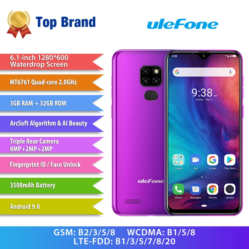 Ulefone Note 7P Android 9.0 6.1&quot Waterdrop Screen 3GB 32GB smartphone 4G band Mobilephone fingerprints Face ID Quad Core 3500mAh |