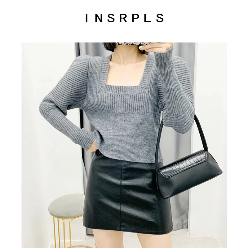 

INSPRLS Women Fashion Puff Sleeve Cropped Knitted Sweater Vintage Square Collar Stretch Slim Female Pullovers Chic Tops