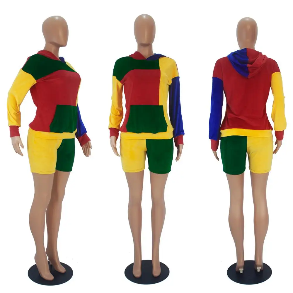 

Womens Sets 2 piece casual fashion three color match velvet long sleeve Shorts Tracksuits