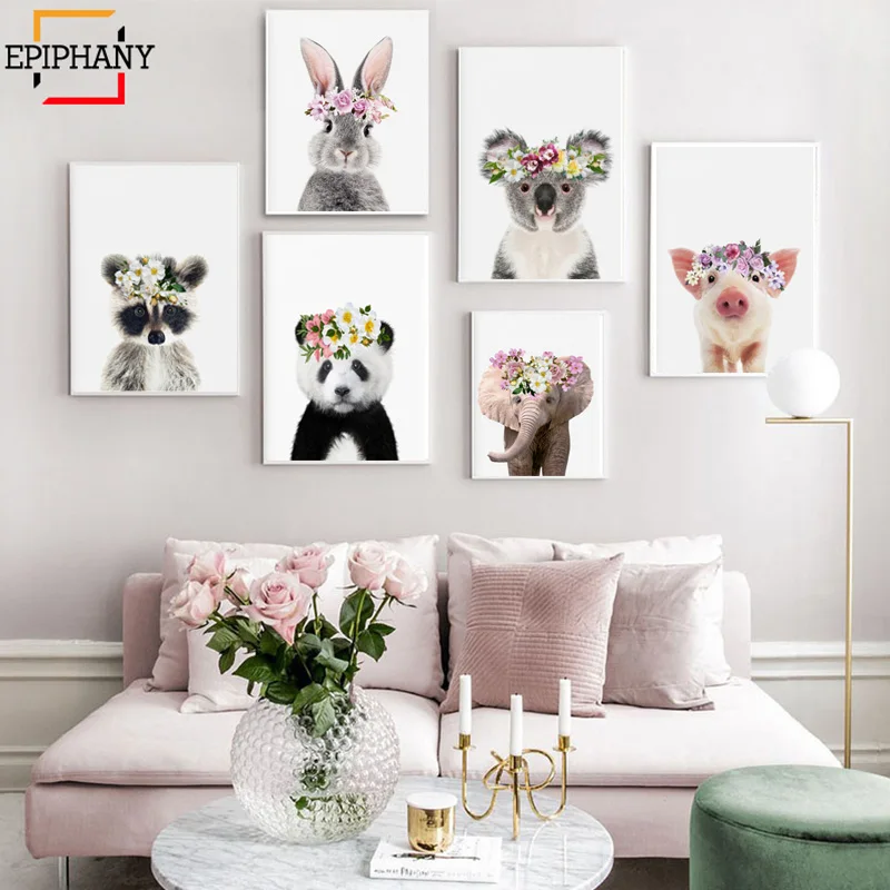 Животные с цветами коронами Жираф панда Зебра обезьяна Художественная печать