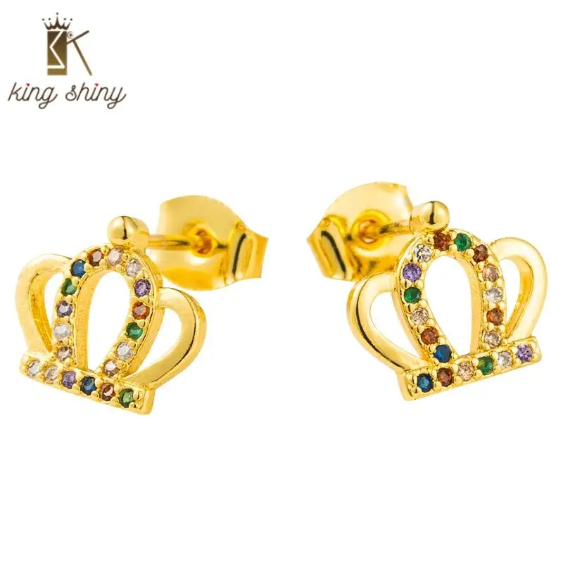 

Temperament Rainbow Copper Stud Earring Sweet Colorful Cubic Zirconia Hollow Crown Statement Stud Earring Birthday Gift for Girl
