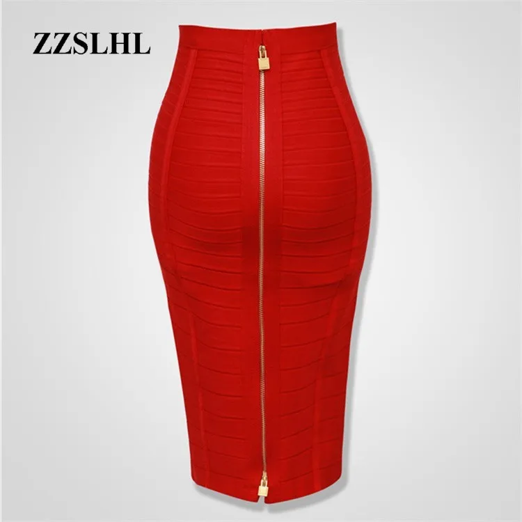 

12 Colors Sexy Solid Zipper Orange Blue Black Bandage Skirt Women Elastic Bodycon Summer Plus Size XL XXL Pencil Skirts 58cm