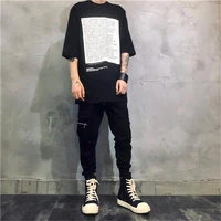 mens casual pants spring and autumn solid color elastic waist white lace up motorcycle pants slim slim pencil pants large size