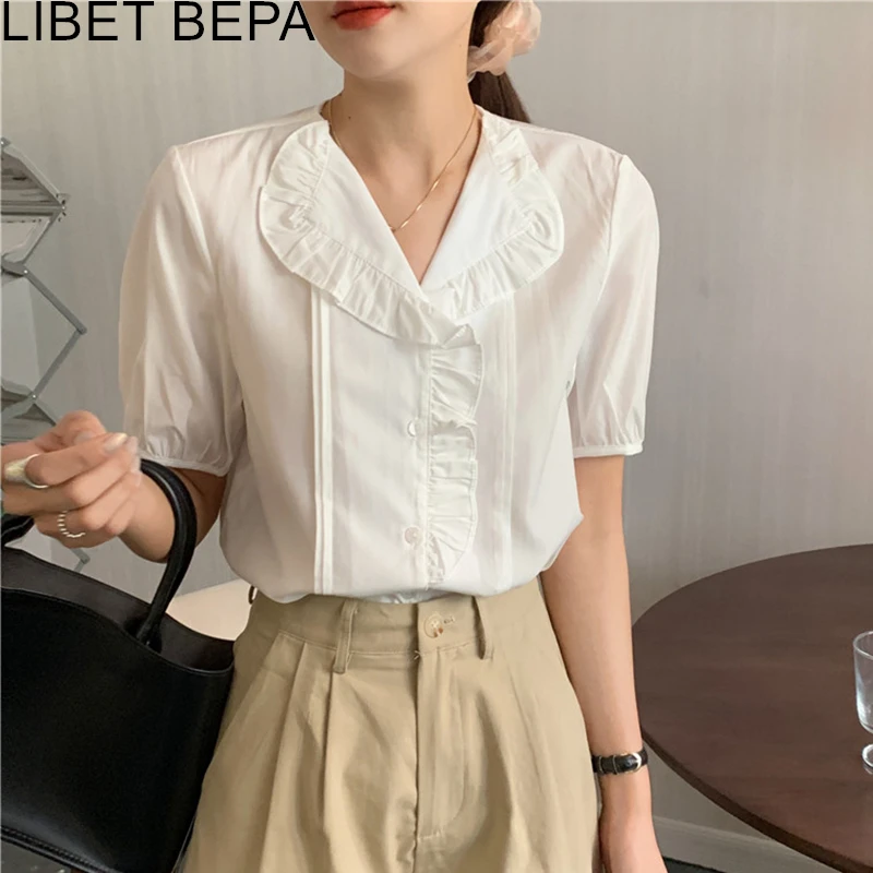 

Женская блузка с отложным воротником, Модная элегантная винтажная рубашка в Корейском стиле с оборками, дикие топы, Новинка лета-осени 2021, BL9261