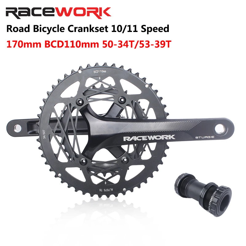 

RACEWORK Road Bike Crankset 22 Speed 110BCD Hollow Double Sprockets 170mm 50-34T 53-39T Bicycle Crank Chainring With BB