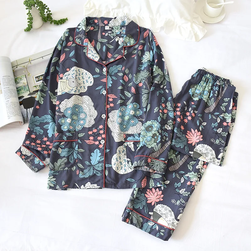Pajamas-Set Cardigan Long-Trousers Women Printing Sleepwear Suits Autumn Winter Long-Sleeve Casual Outerwear 2Pieces Pijamas