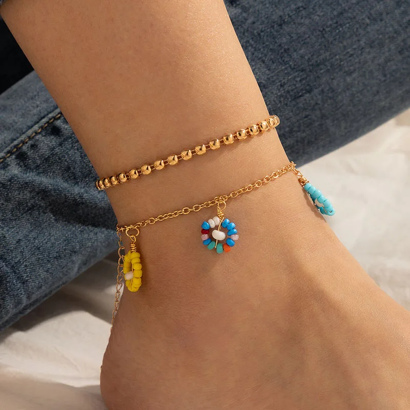 

2 Pcs/Set Beads Flower Charm Foot Chain Ankle Bracelets for Women Anklet Bracelet on Foot Beach Jewelry Sandals Accessories