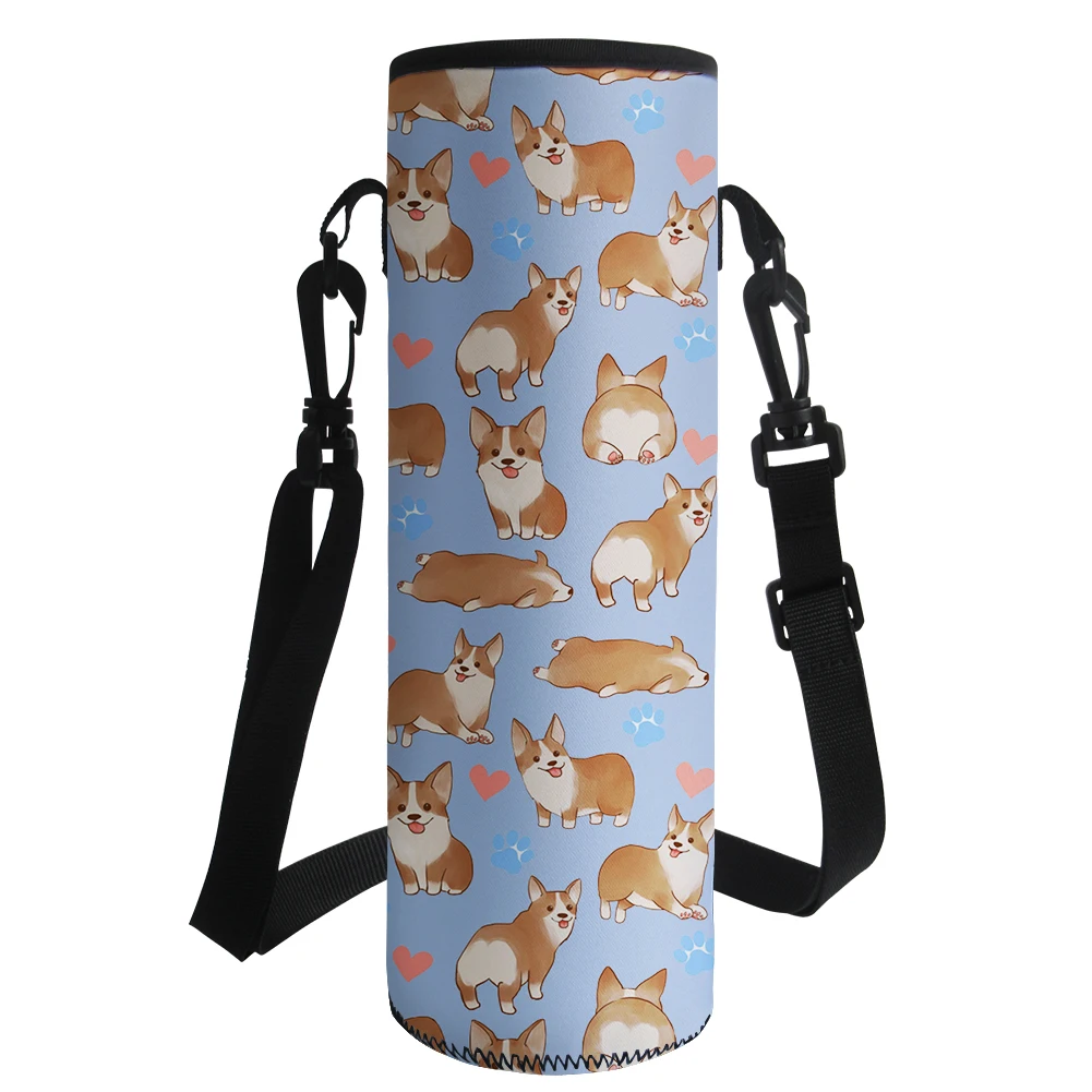 

Cute Corgi Dog Print Water Bottle Cover Insulated Protective Cup Bag Long Shoulder Strap Bottle Carrier Bag Pouch 500-1000ML