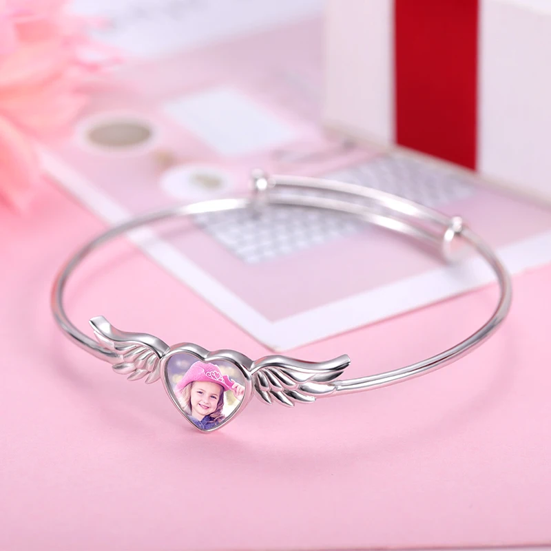 Custom Photo Bracelet For Women Femme Jewelry Mum Daugther Gift  Personalized Heart Picture Bracelets Fashion Platinum Bangles images - 6