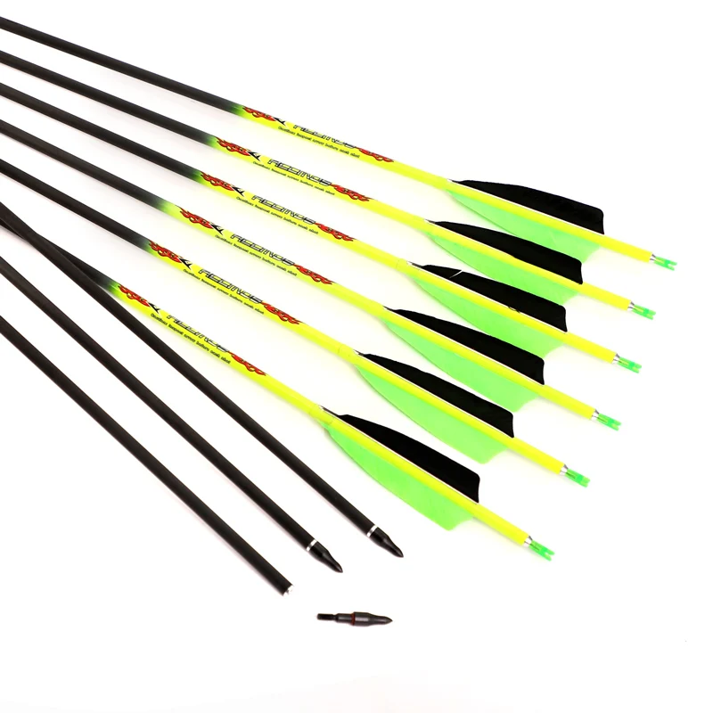 12pcs Archery Pure Carbon Arrows Spine 300-600 ID6.2MM Arrow Shaft 31inch 4inch Turkey Feather for Recurve/Compound Bow Hunting