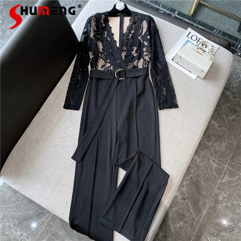 

Новинка Осень 2021, пикантный кружевной комбинезон в стиле ретро с V-образным вырезом и широкими штанинами, женский модный Свободный Повседне...