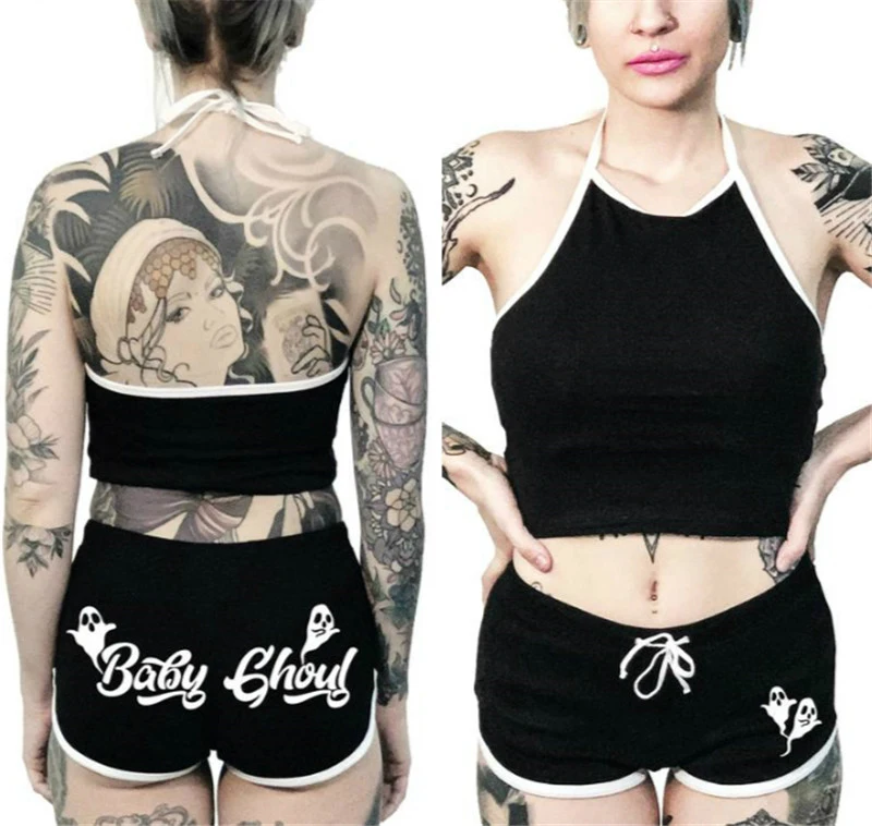 Goth Punk Plus Size Black Shorts Drawstring High Waist Letters Print Grunge Steampunk Skull Shorts Y2K Summer Clothes