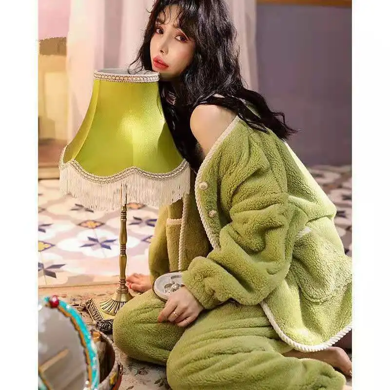 Winter Flannel Pajamas for women Thicken Warm Homewear Oversize Long Sleeve Sleepwear Women's Home Clothes pyjama pour femme