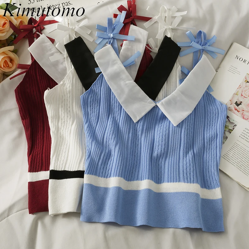 

Женский трикотажный топ Kimutomo, Модный женский топ в Корейском стиле, с отложным воротником, без рукавов, с бантом, осень 2021