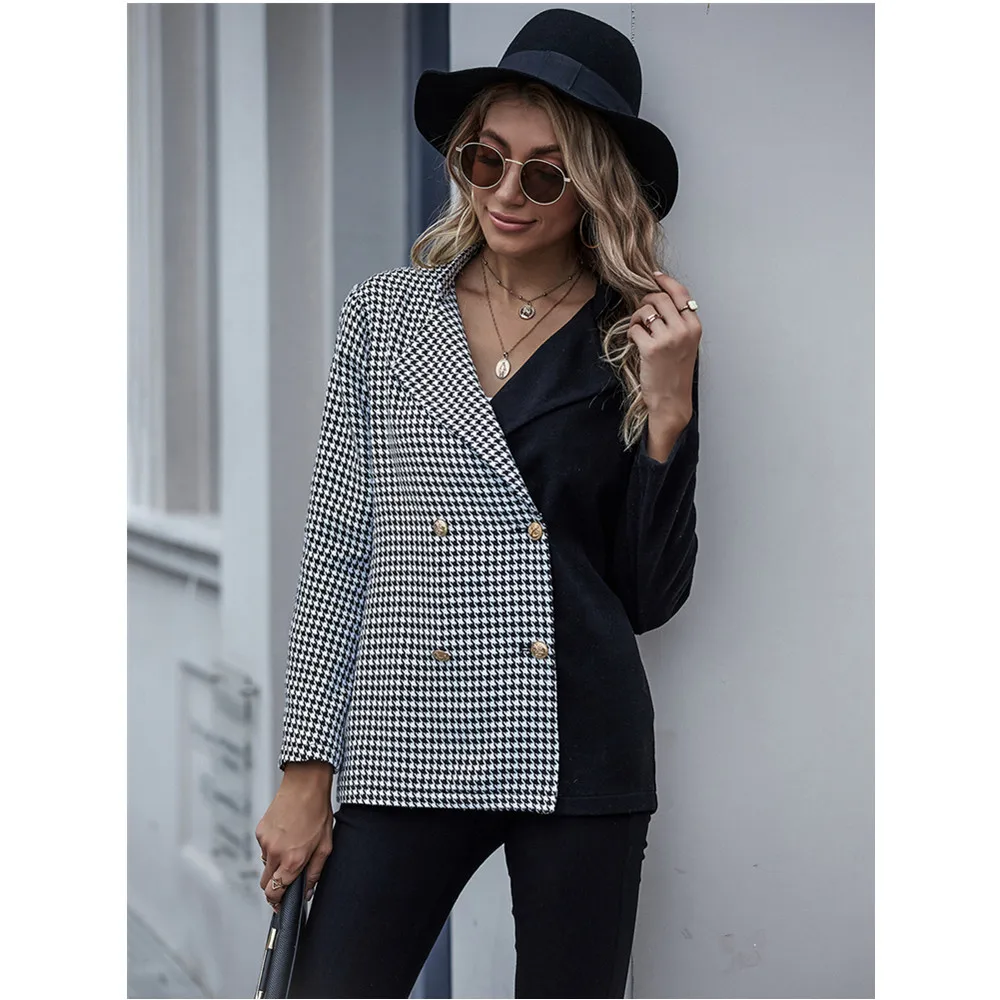 

2020 new Vintage Double Breasted Plaid Blazer New Long Sleeve Turn Down Collar Autumn Winter Women warm Coat Jacket Female