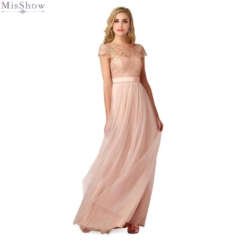 

Pink Tulle Long Evening Dress 2019 Elegant A line Formal Party Gown Sleeved Backless Lace Applique robe de soiree