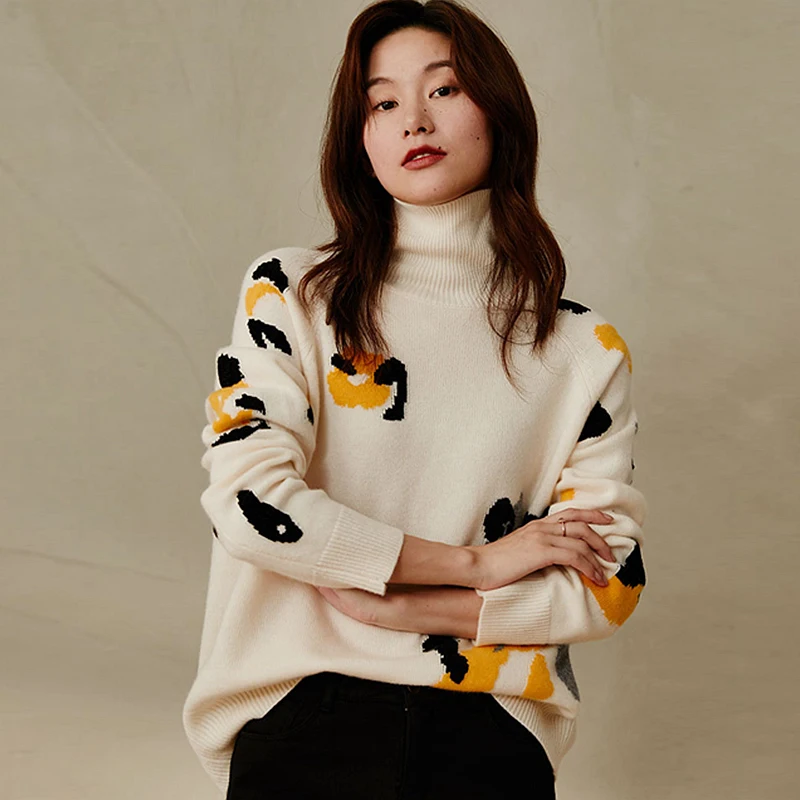 

100% Cashmere Jacquard Sweater Knitwear Women Turtleneck Long Sleeves Loose Pullovers Knitwear Autumn New Fashion