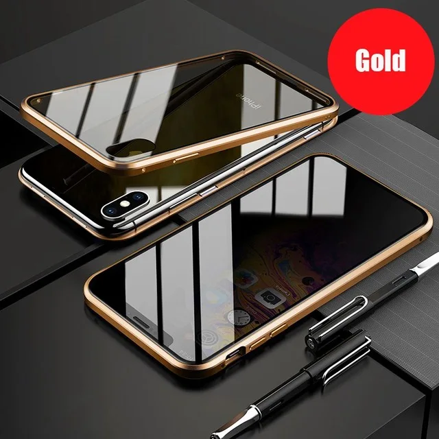 Gold Магнитный металлический чехол для телефона для iPhone 11 Pro X XR XS Max 7 8 6 S Plus закаленное стекло магнит антишпионский чехол для iPhone 11 - Цвет: Gold