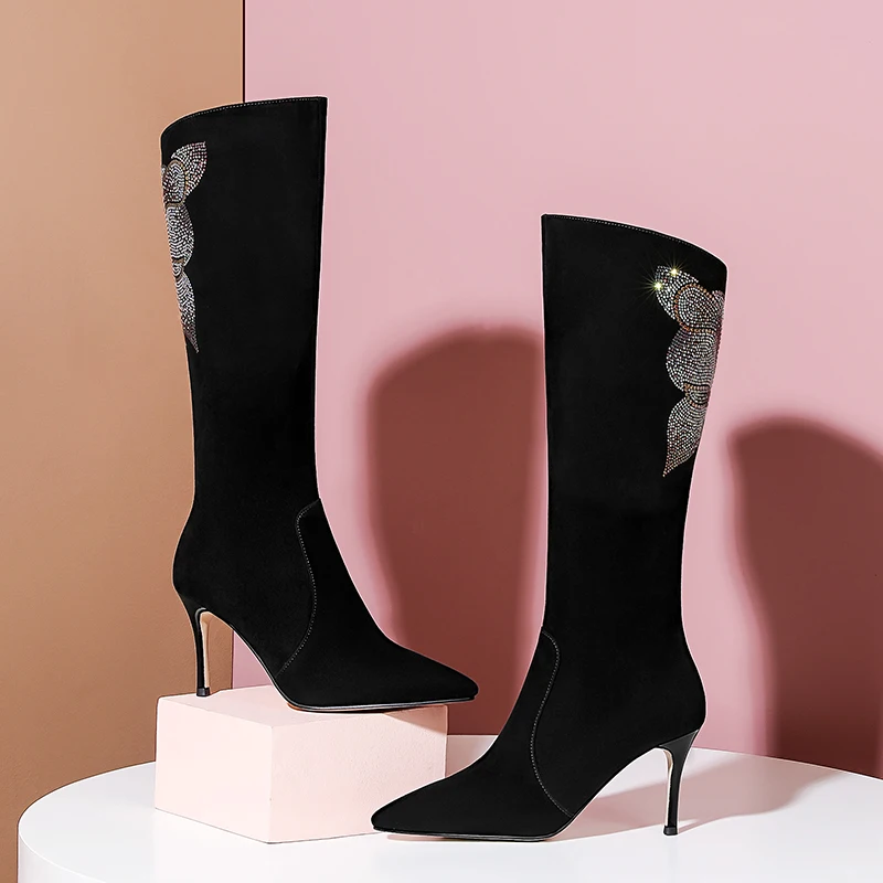

Women's natural suede leather sexy ladies thin high heel pointed toe winter knee high boots crystal butterfly slim black boots