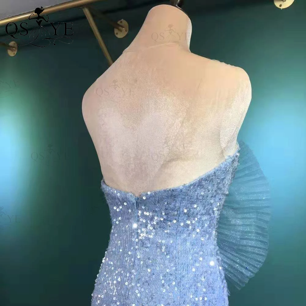 QSYYE High Quality Blue Sequin Mermaid Prom Dress Long Shiny Evening Dress Glitter Crumpled Fans Party Dress Open Back