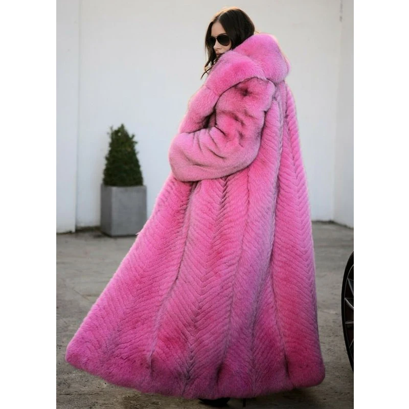 BFFUR 130cm Long Natural Fox Fur Coat 2022 New Trendy Rose Red X-Long Women High Quality Genuine Fox Fur Coat Luxury Outwear