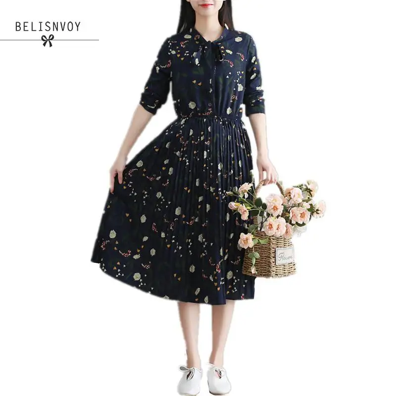 

Mori Girl Vintage Midi Dresses Women Spring Autumn Vestidos Longo Female Long Sleeve Floral Printed Chiffon Pleated Dresses