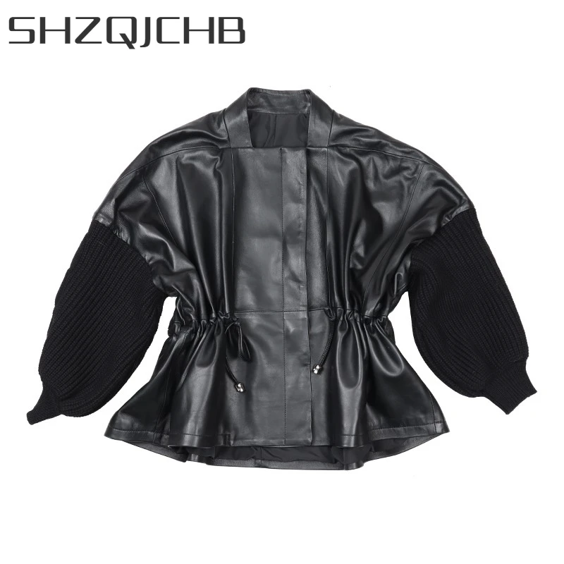 

JCHB 2021 Women Genuine Leather Jacket Design Patchwork Knitting Puff Sleeve Short Sheepskin Coat Street Loose Fit Sweet Casual