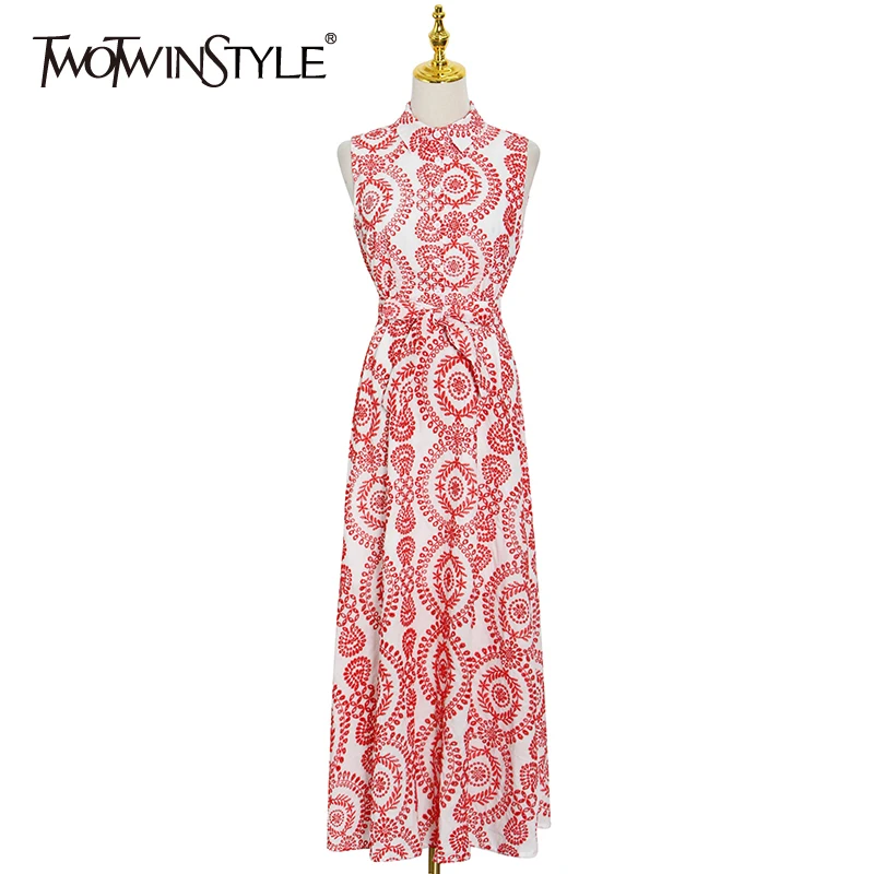 TWOTWINSTYLE Print Vintage Dress For Women Lapel Sleeveless Hit Color Ankle Length Dresses Female Summer Clothing 2021 New Style