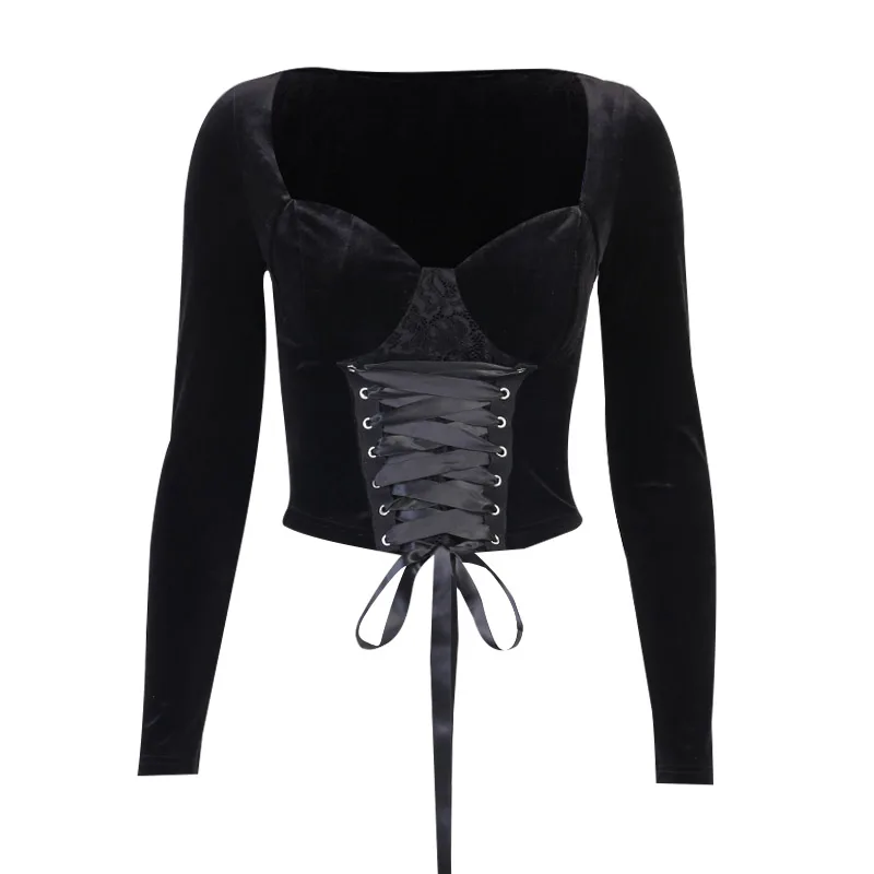 

InsDoit Goth Lace Up Black Top Vintage Corset Bodycon Long Sleeve Velvet T Shirt Harajuku Aesthetic Women Short Basic Tops