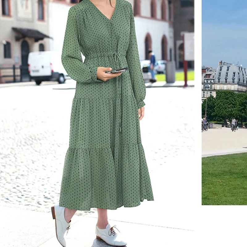 

Осень/Зима 2021 Новое Элегантное офисное платье большого размера в горошек с ромбовидным узором и длинными рукавами с V-образным вырезом и поя...