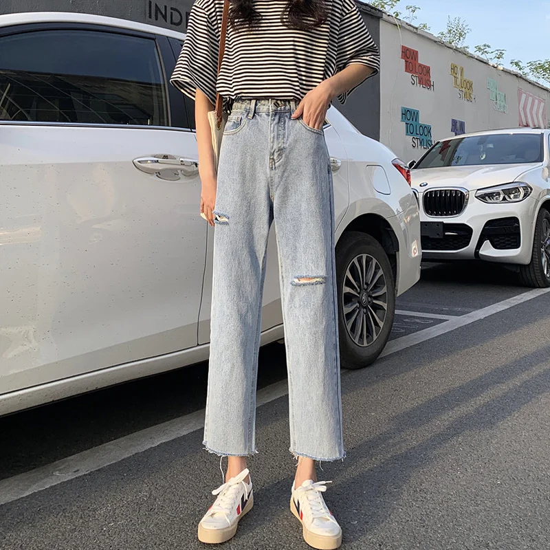 Маленькие рваные джинсы с широкими штанинами 150 см женские летние тонкие брюки