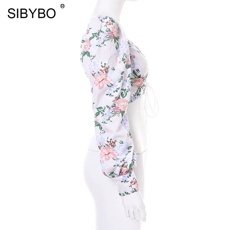 SIBYBO, цветочный принт, шнуровка, сексуальный укороченный топ, женский, длинный рукав, полый, тонкий, осенняя футболка, Женская повязка, повседневные, женские топы